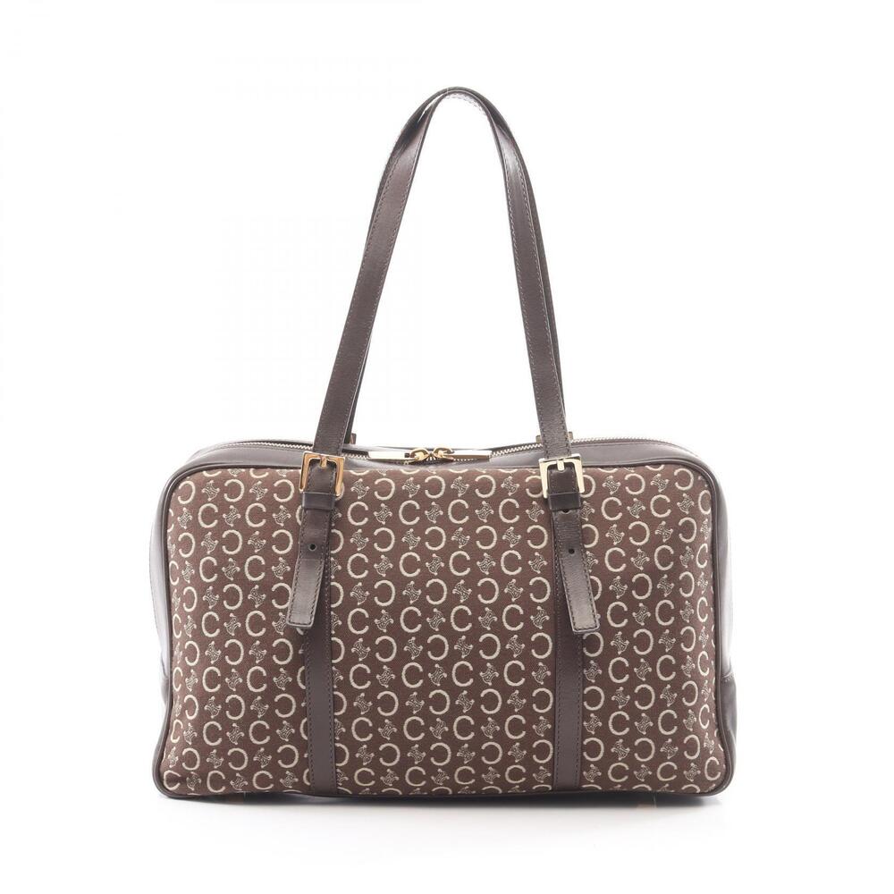 Celine Macadam Shoulder Bag Canvas Leather Ivory Brown White